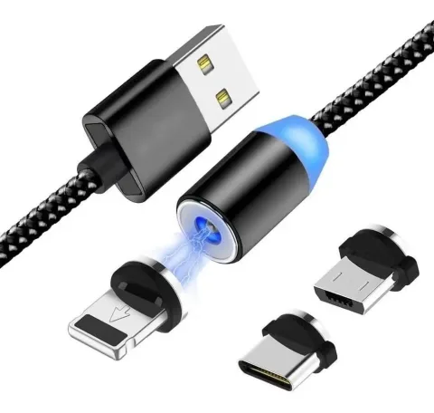 Cabo Carregador Magnético Usb 3 Em 1 Cor Preto