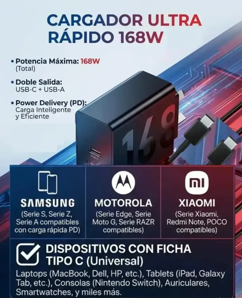 Turbo Power 168w carregador tipo C inteligente ultra rápido foto 2