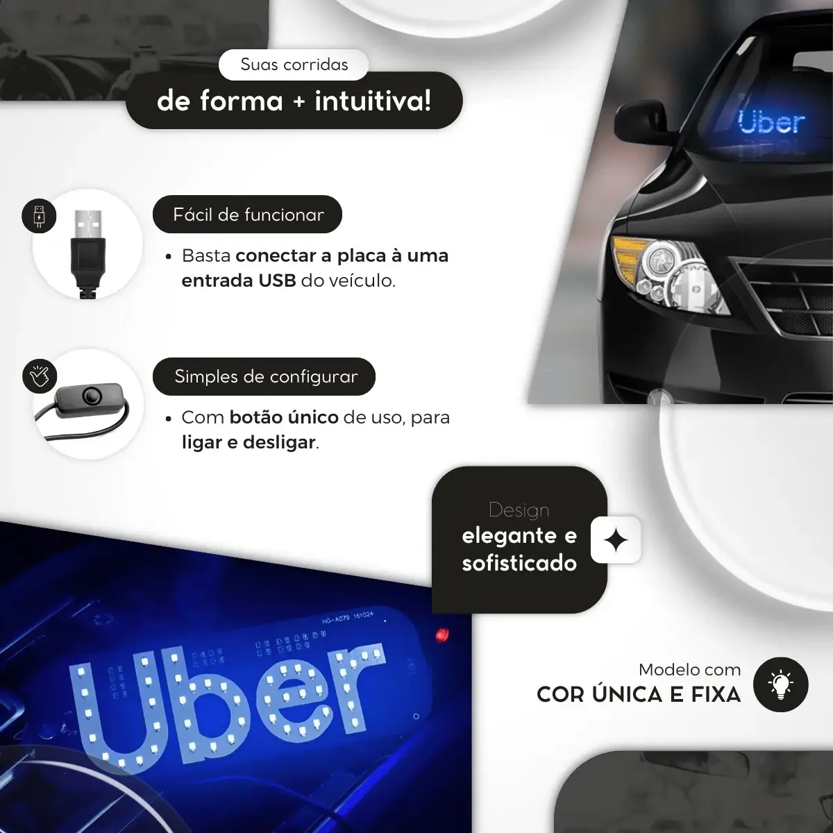 Placa Uber Ventosa Led Identificação Motorista Aplicativo foto 2