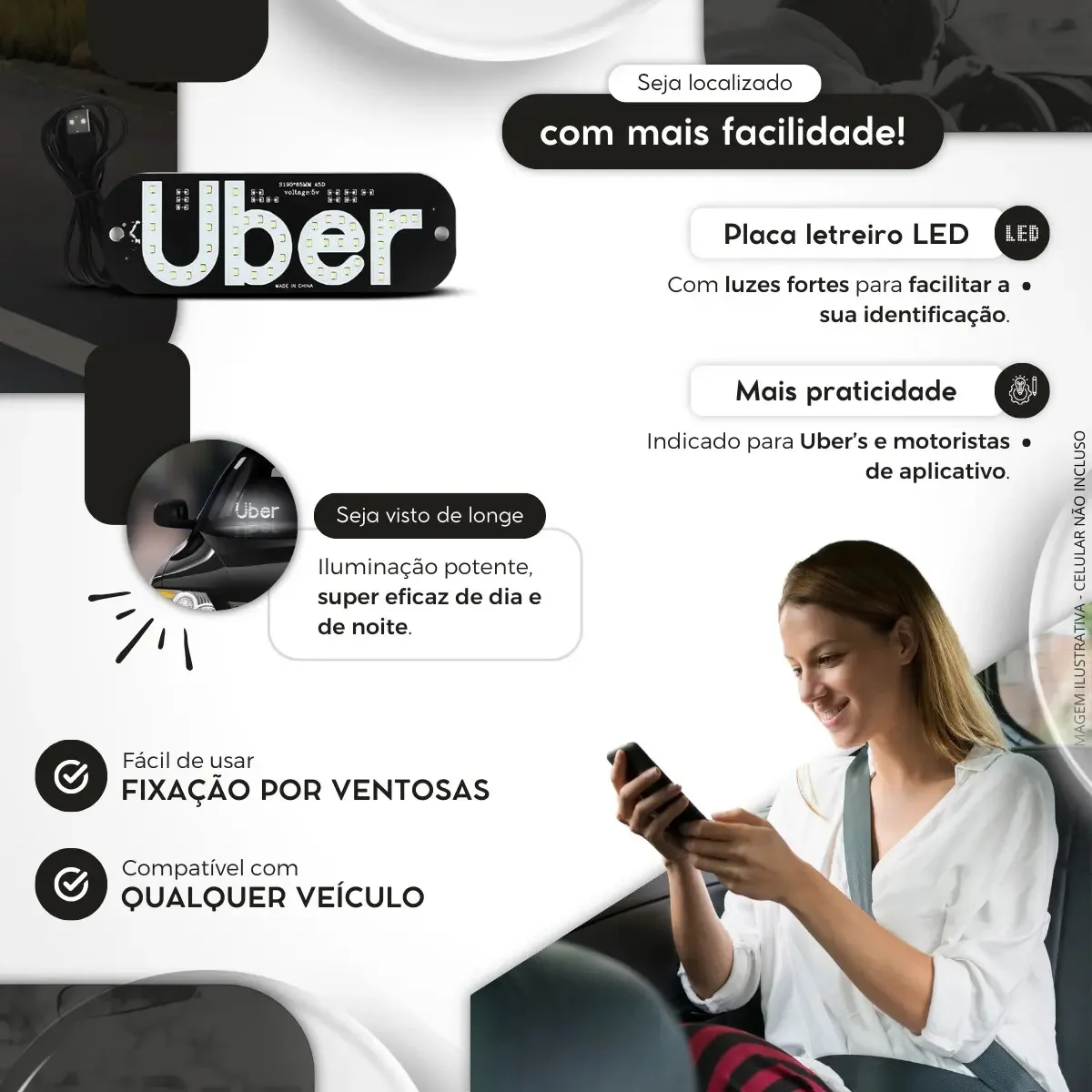 Placa Uber Ventosa Led Identificação Motorista Aplicativo foto 3