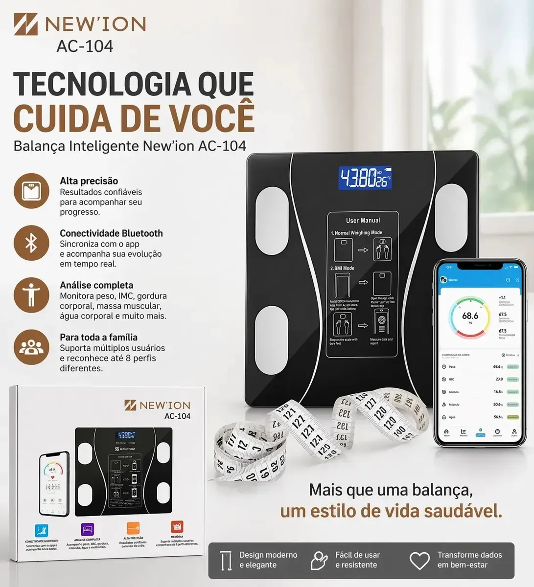 Balança Corporal Digital Newion Ac-104 - Bioimpedância 180kg foto 3