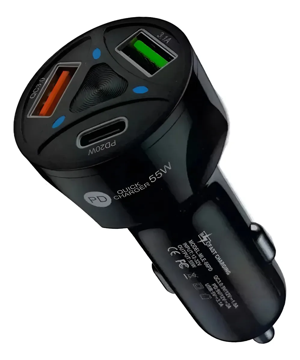 Carregador Veicular Turbo 55w Pd Usb-c + 2 Usb Qc 3.0