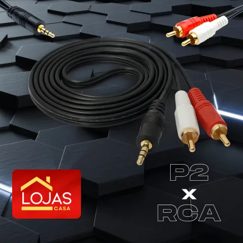 Cabo adaptador RCA+P2 Cabo Auxiliar de Som P2 RCA Áudio