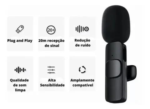 Microfone Lapela Condensador Sem Fio Omnidirecional Preto