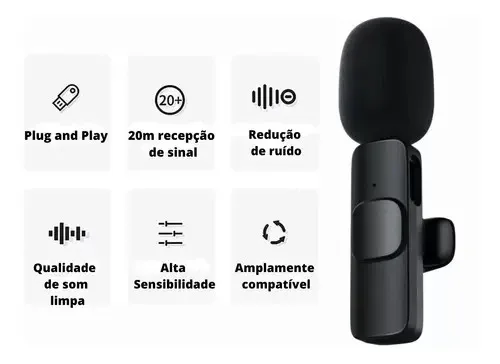 Microfone Lapela Condensador Sem Fio Omnidirecional Preto