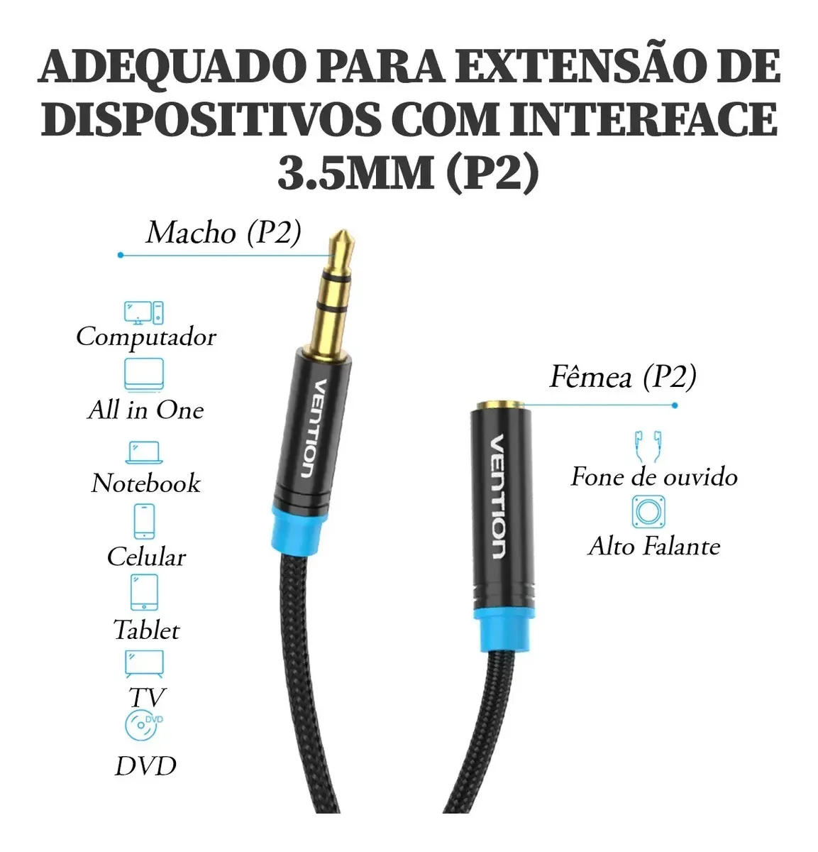 Cabo Extensor Áudio P2 Fone Headset P2 Macho X P2 Femea 1,5m foto 2